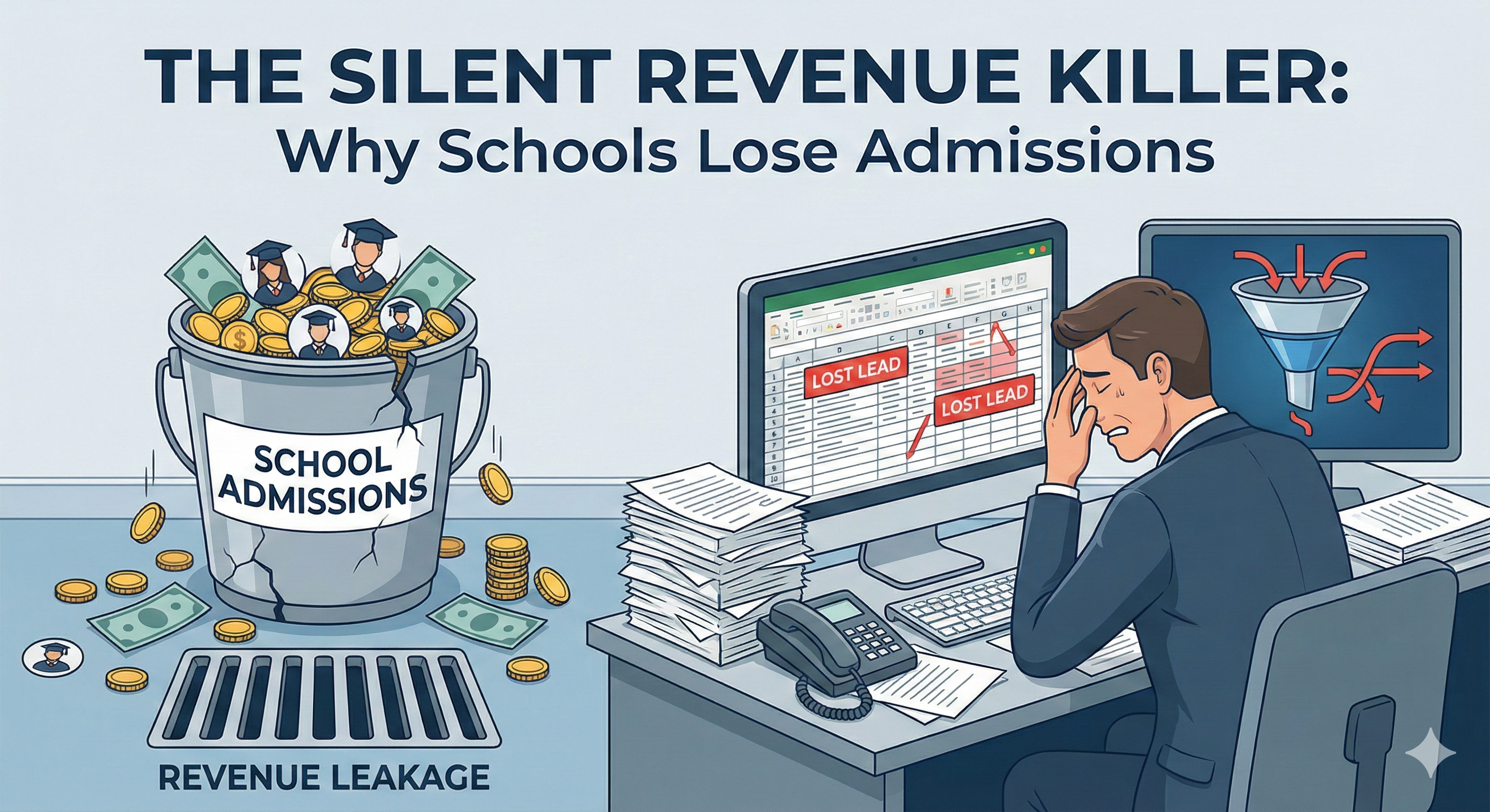 School admission revenue leakage diagram showing enquiry to admission funnel